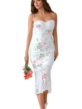 NWT New Me White Floral Mesh Bodycon Midi Dress Size S Lace